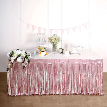 Dusty Rose Metallic Foil Fringe Table Skirt, Self Adhesive Tinsel Table Skirt 30"x9ft