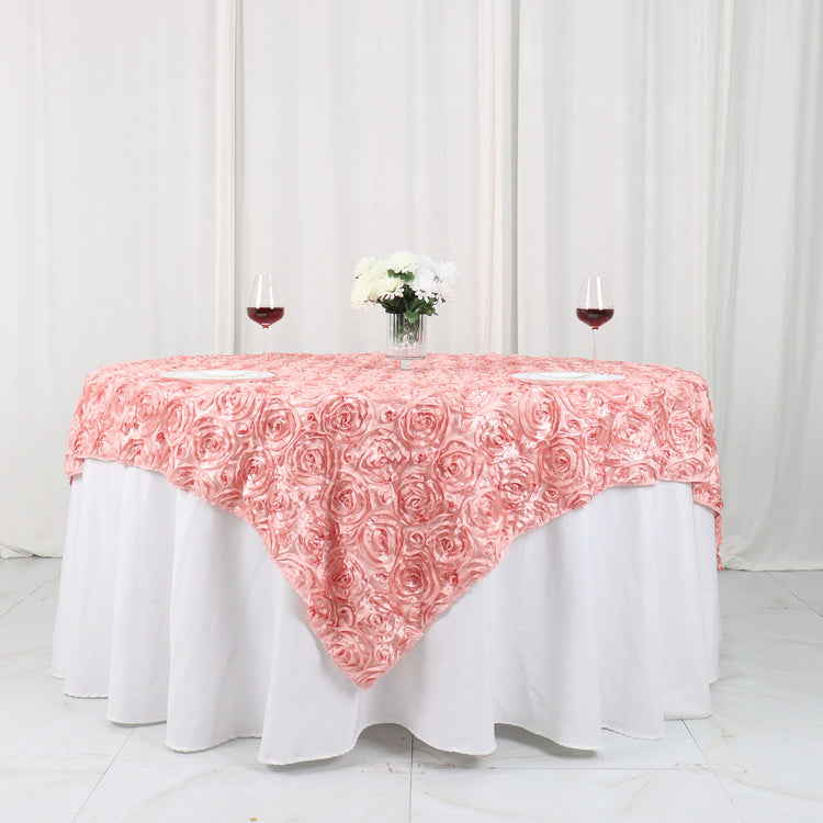 72 Inch x 72 Inch Square Dusty Rose Satin Table Overlay with 3D Rosette Design