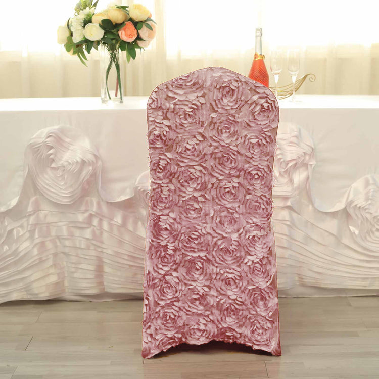 A dusty rose satin and spandex fitted chair cover with a floral pattern