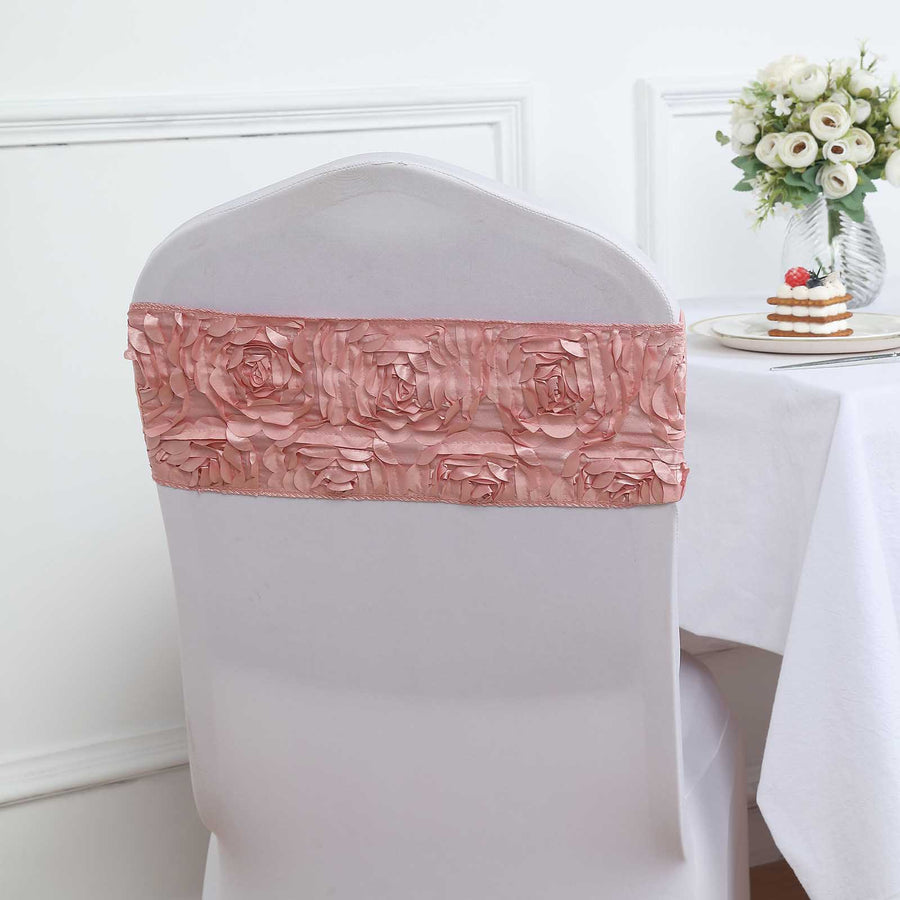 Pack Of Five 6X14 Inch Dusty Rose Chair Sashes In Rosette Style With Satin And Spandex Material