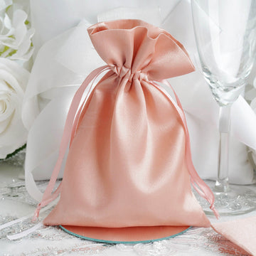 12 Pack Dusty Rose Satin Wedding Party Favor Bags, Drawstring Pouch Gift Bags 5"x7"