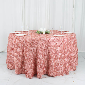 Dusty Rose Seamless Grandiose 3D Rosette Satin Round Tablecloth 120"