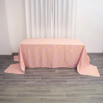 90"x156" Dusty Rose Seamless Rectangle Polyester Tablecloth With Gold Foil Geometric Pattern