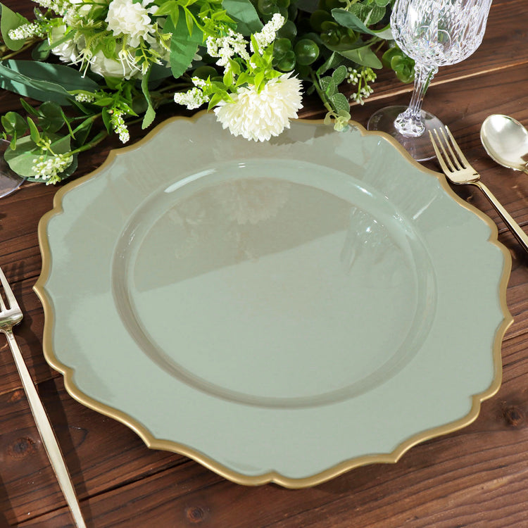 6 Pack Dusty Sage Acrylic Charger Plates With Gold Scalloped Rim 13 Inch Round