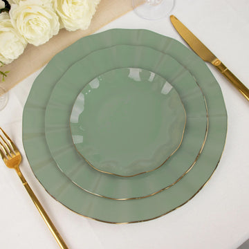 10 Pack Dusty Sage Green Hard Plastic Dessert Plates with Gold Ruffled Rim, Heavy Duty Disposable Salad Appetizer Dinnerware 6"