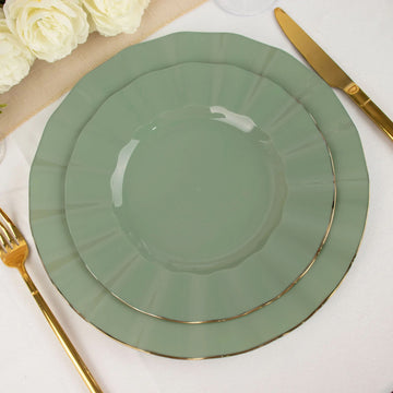 10 Pack | 9" Dusty Sage Hard Plastic Dinner Plates with Gold Ruffled Rim, Heavy Duty Disposable Dinnerware