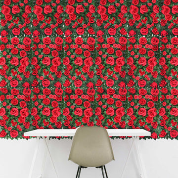 Easy-Install Red Silk Rose Flower Mat Wall Panel Backdrop 3 Sq ft.