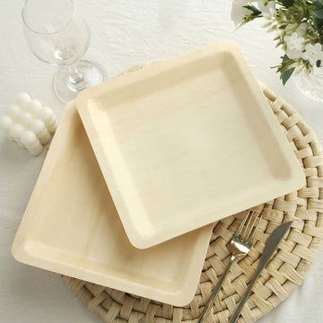 25 Pack Eco Friendly Poplar Wood Square Dinner Plates, Disposable Picnic Plates 9"