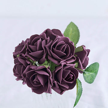 24 Roses | 2" Eggplant Artificial Foam Flowers With Stem Wire and Leaves