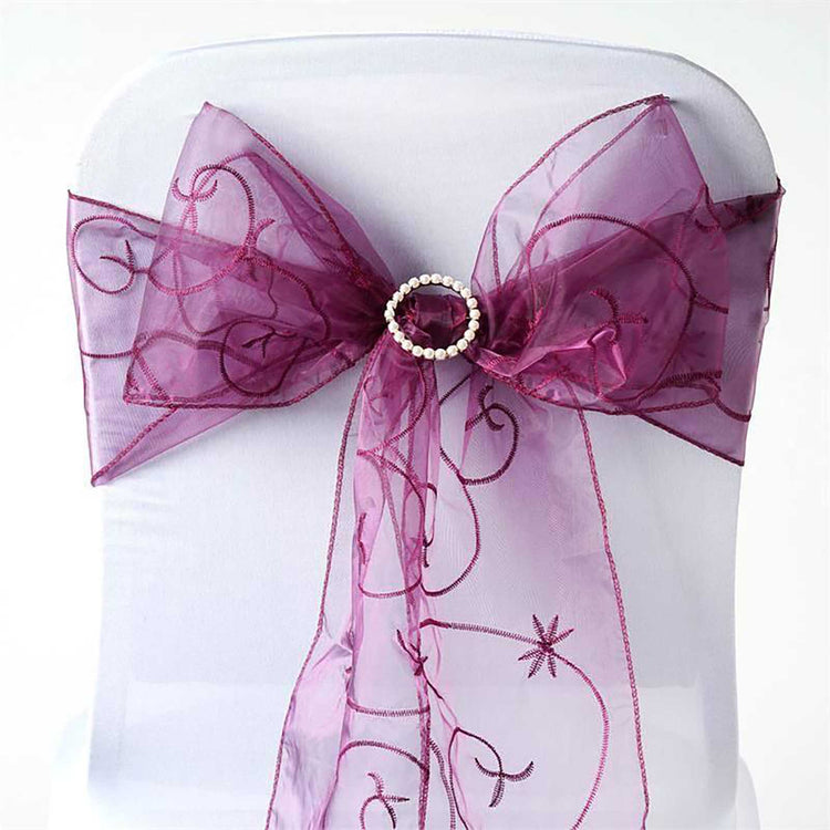 5 PCS | 7 Inch x108 Inch | Eggplant Embroidered Organza Chair Sashes | eFavorMart#whtbkgd