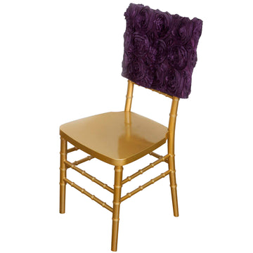 Eggplant Satin Rosette Chiavari Chair Caps, Chair Back Covers 16"