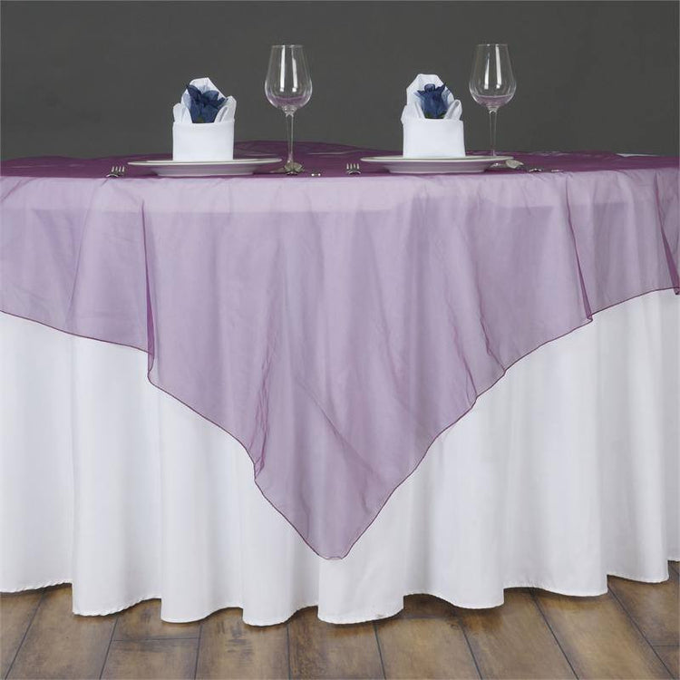 60 Inch Eggplant Square Organza Table Overlay#whtbkgd