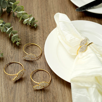 4 Pack | Elegant Metallic Gold Rhinestone Leaf Petal Napkin Rings, Linen Napkin Holders