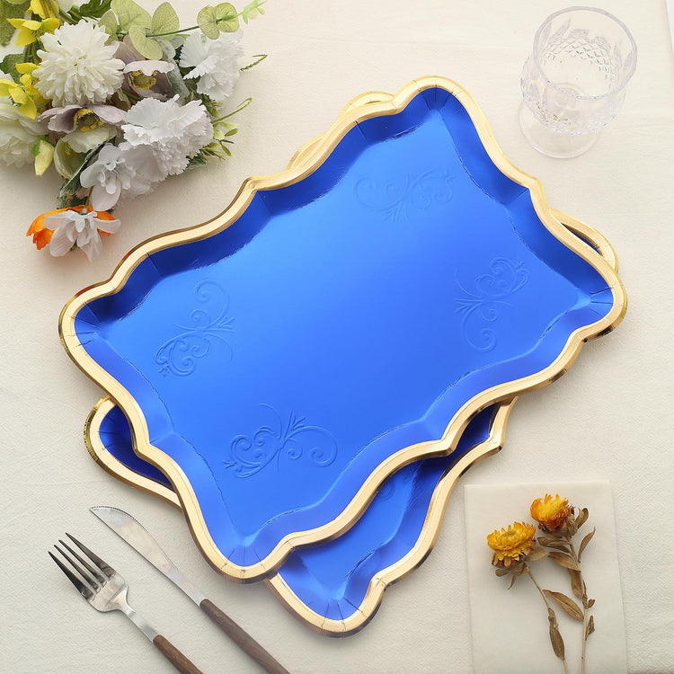 Heavy Duty Royal Blue Rectangular Paper Platters With Gold Rim 14X10 Inches