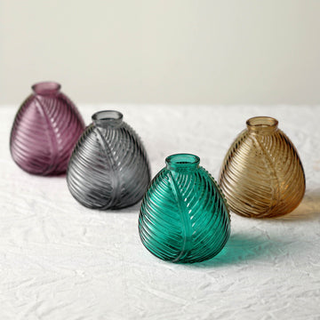 4 Pack Embossed Glass Bud Vases - Assorted Colors