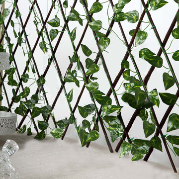 Expandable Wooden Lattice Fence With Artificial Ivy Leaf Trellis Vines, Accordion Backdrop Fencing 17"x95"