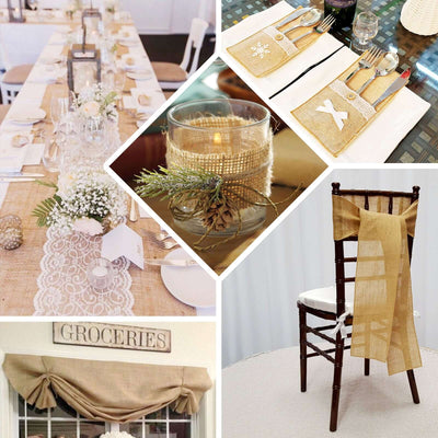 Burlap-themed table decor and accessories for a rustic dining experience.