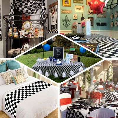 Checkered tablecloths in various settings for festive decor.