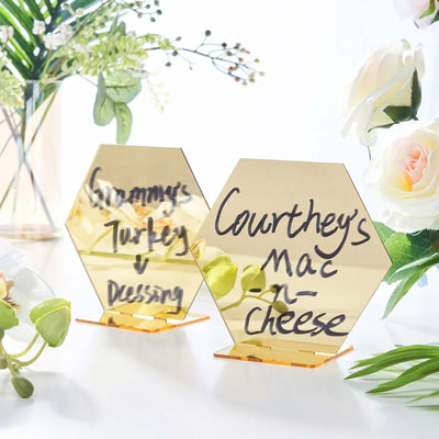 Gold hexagon food labels for Thanksgiving dinner table display.