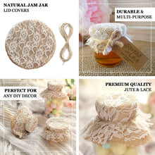 Mason Jar Lid Covers With Jute String In Rustic Natural White Burlap Lace Set of 6