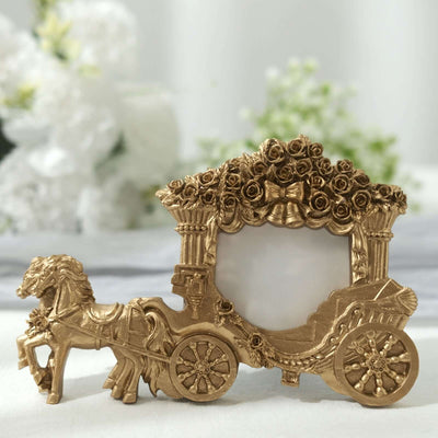Gold horse-drawn carriage picture frame with floral details.