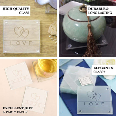 Set of elegant glass coasters with love design, perfect for gifts and parties.