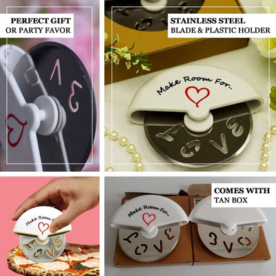 Love-themed pizza cutter with stainless steel blade and plastic holder. Perfect gift.
