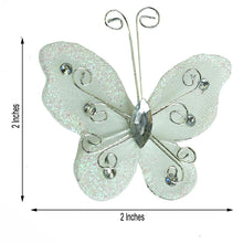 Wall Decals - Organza and Wire White Butterfly with Rhinestones and Swirls, Measures 2 inches