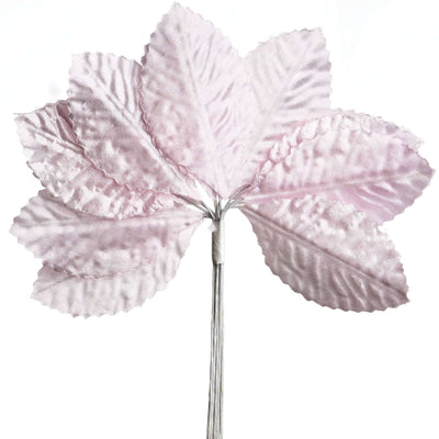 Pink fabric flower with textured leaves on a stem