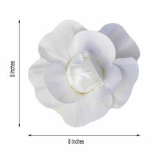 A white foam rose with measurements of 8 inches and 8 inches, used for floral backdrop décor, florals & wreaths, large floral décor, and wall decals.