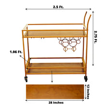 2 Tier Gold Metal & Wood Bar Cart Wooden Trays & Glass Holder 3 Feet Trolley