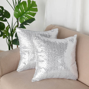 Sparkling Silver Sequin Decorative Square Throw Pillow Cover 18"