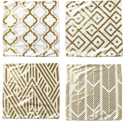 Gold and white patterned fabric swatches in four unique designs.