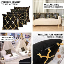 Gold Foil Geometric Print On 18 Inch Black Velvet Pillow Covers Set Of 4