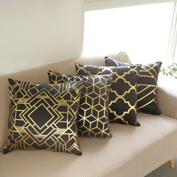 Experience Modern Luxury with Black/Gold Foil Geometric Print Velvet Cushion Covers