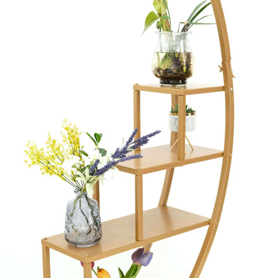 Stylish curved shelf displaying plants and flowers in glass vases