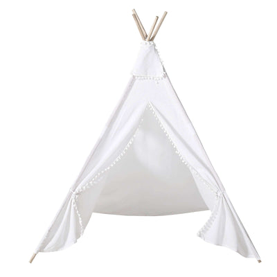 White children's teepee tent with decorative pom-poms and wooden poles