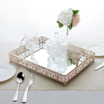 Fleur De Lis Rose Gold Metal Decorative Vanity Serving Tray with handles, Rectangle Mirrored Tray - 16"x12"