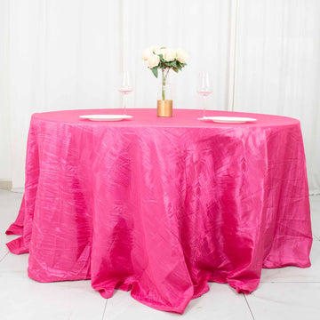 Elevate Your Event Decor with the Fuchsia Accordion Crinkle Taffeta Seamless Round Tablecloth 132