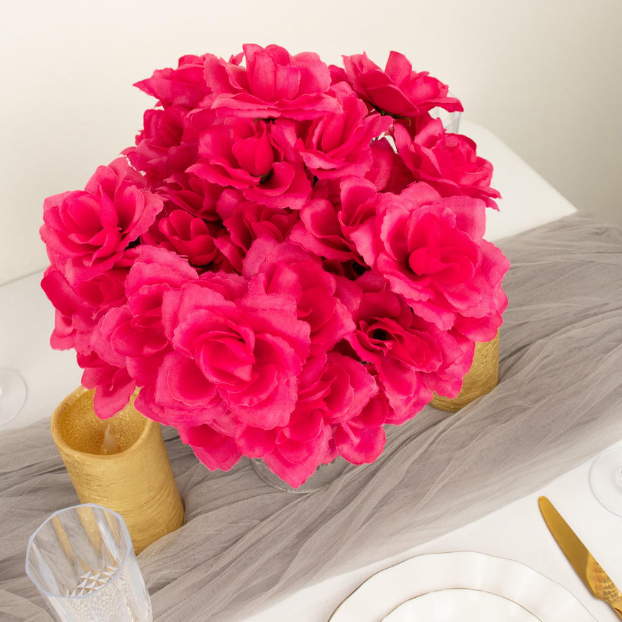 12 Bushes Artificial Flowers Fuchsia Premium 84 Blossomed Silk Roses