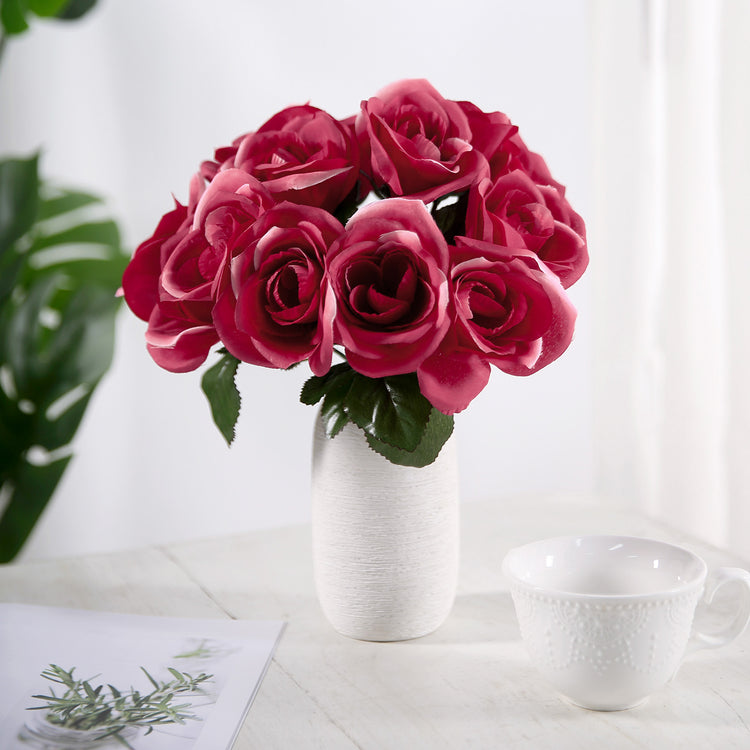 12 Inch Fuchsia Artificial Velvet Like Fabric Rose Flower Bouquet Bush