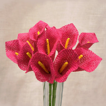 6 Bushes 36 Pcs Fuchsia Burlap Calla Lily Flowers With Stems 10"