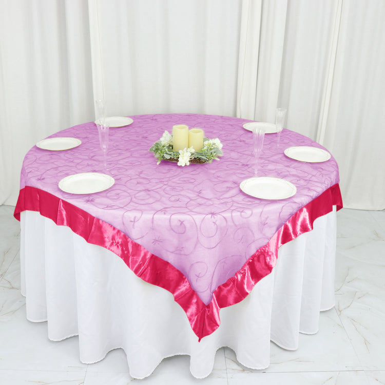 Fuchsia Satin Edge Embroidered Sheer Organza Square Table Overlay 60 Inch x 60 Inch