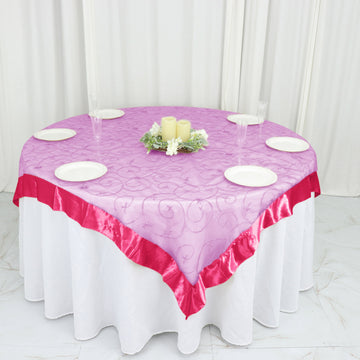 Fuchsia Embroidered Sheer Organza Square Table Overlay With Satin Edge 60"x60"