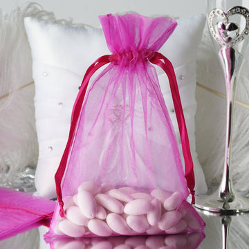 Elegant Fuchsia Organza Drawstring Wedding Party Favor Bags