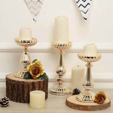 Elegant Mercury Gold Glass Pillar Candle Holder Set
