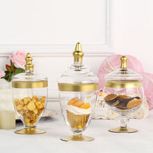Apothecary Candy Clear Glass Jars with Gold Trim and Snap On Lids 9 Inch 9 Inch 8 Inch Set of 3