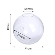 A clear glass round ball with measurements of 4 inches and 1.25 inches