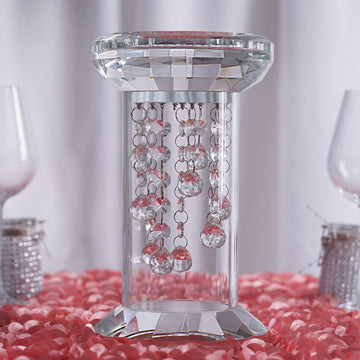 11" Gemcut Premium Glass Crystal Pillar Candle Holder, Pedestal Stand With Chandelier Crystal Chains