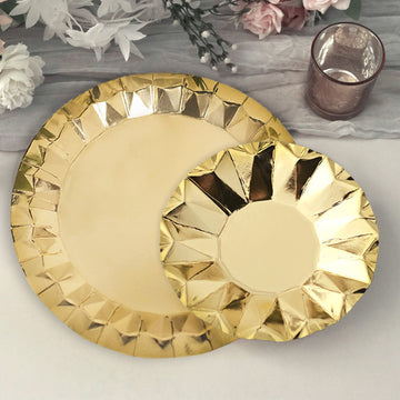25 Pack | 7" Geometric Metallic Gold Dessert Appetizer Paper Plates, Disposable Salad Party Plates - 400 GSM